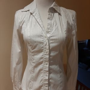 Bebe white button down shirt silver stripes XS